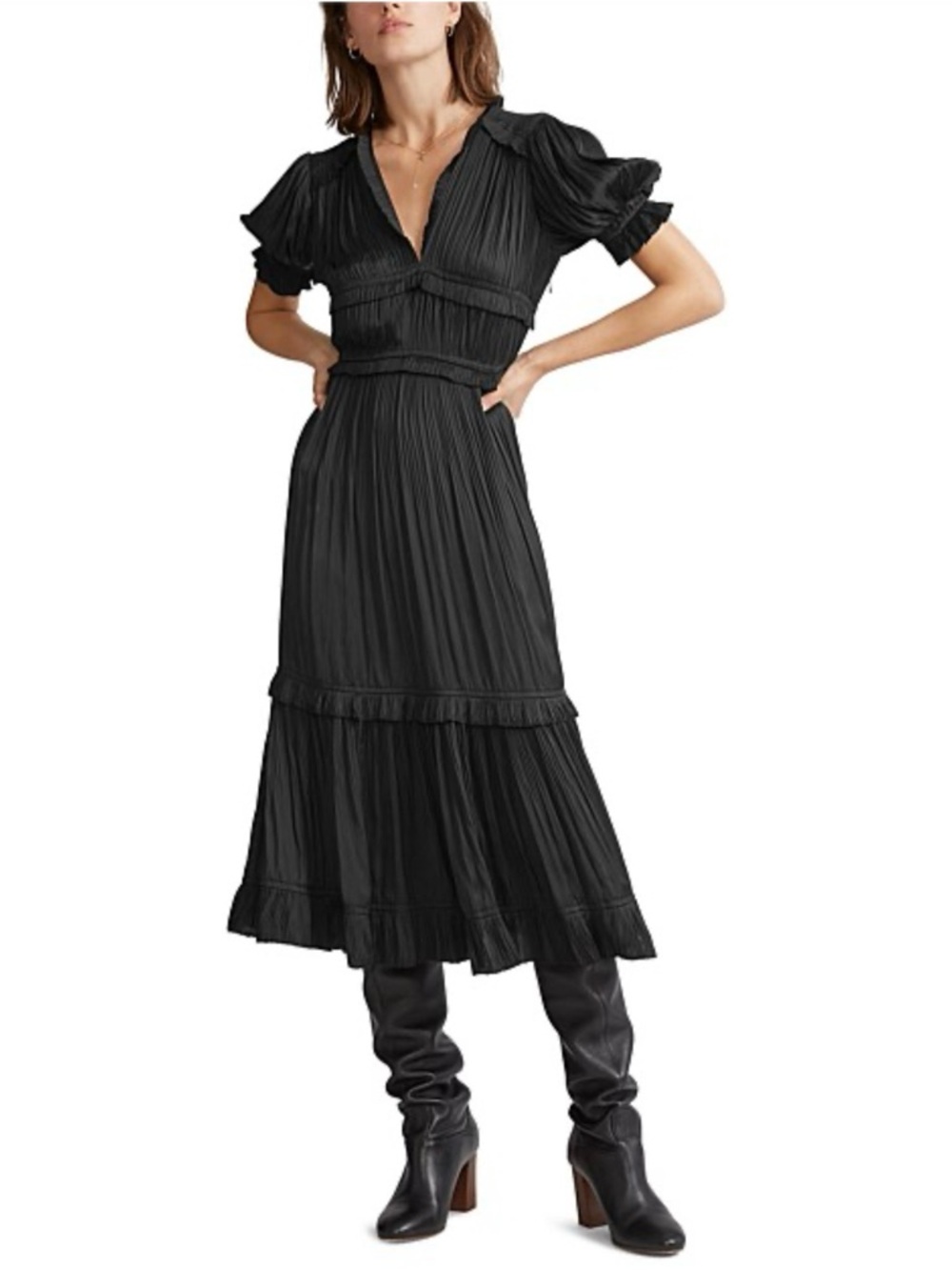 Ralph Lauren Black Pleated Midi Dress with Puff Sleeves